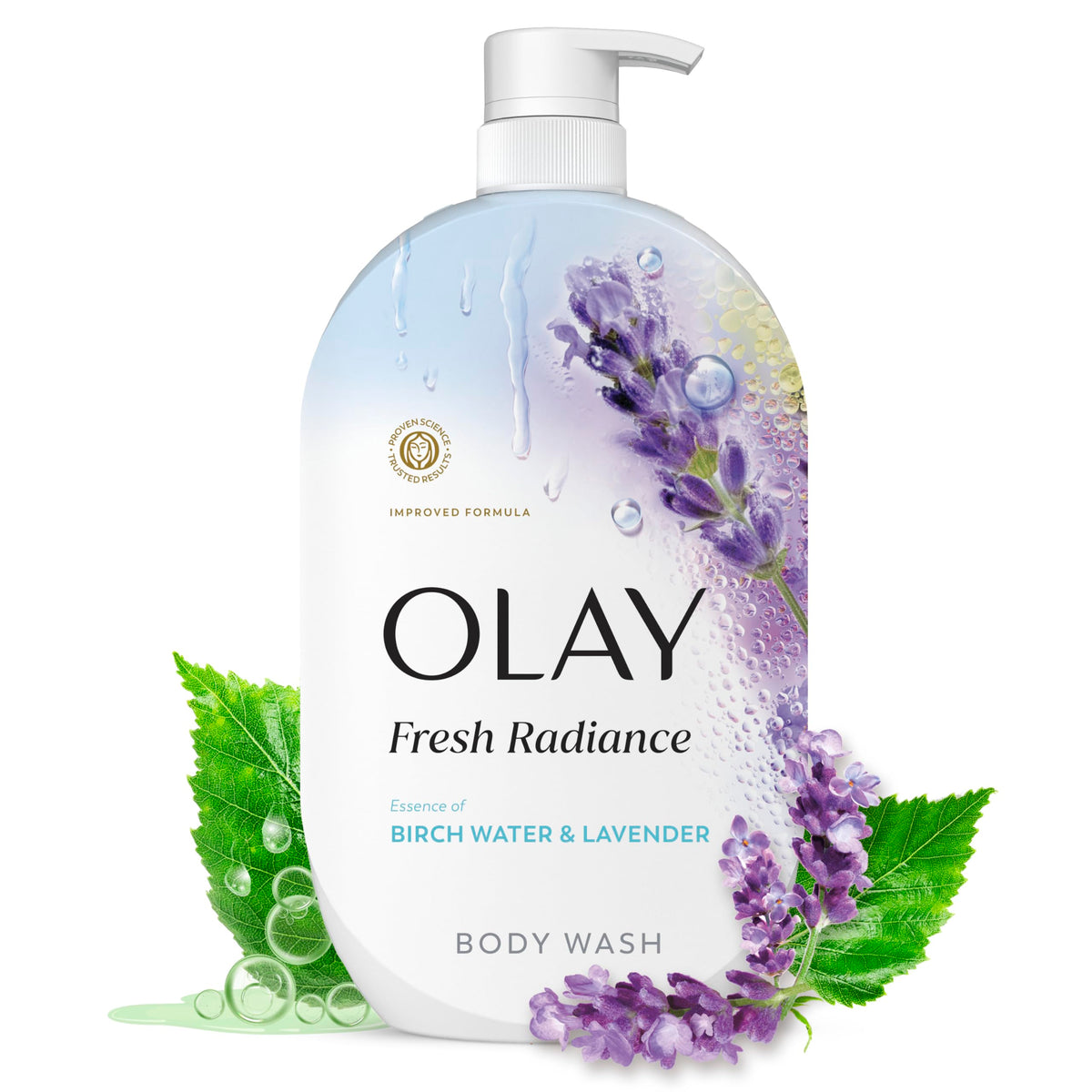 Olay Body Wash for Women, Fresh Radiance, 24/7 Skin-Loving Freshness, Visibly Radiant, Plant Based Cleansers, Vitamin B3 & Antioxidant Blend, For All Skin Types, Birch Water & Lavender Scent, 35 fl oz Olay