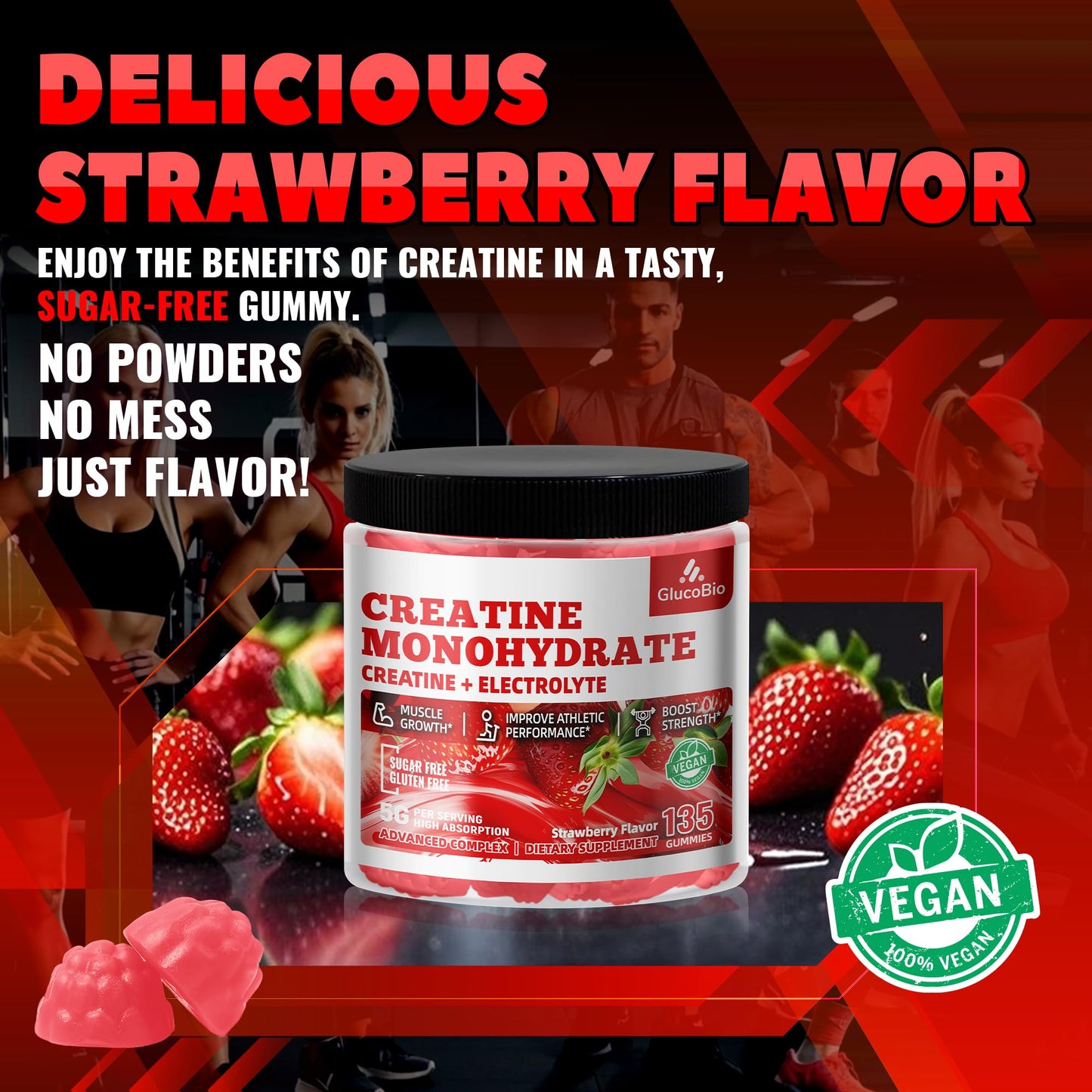 GlucoBio Creatine Monohydrate Gummies (5g) – Pre-Workout Energy & Muscle Growth Support for Men & Women GlucoBio