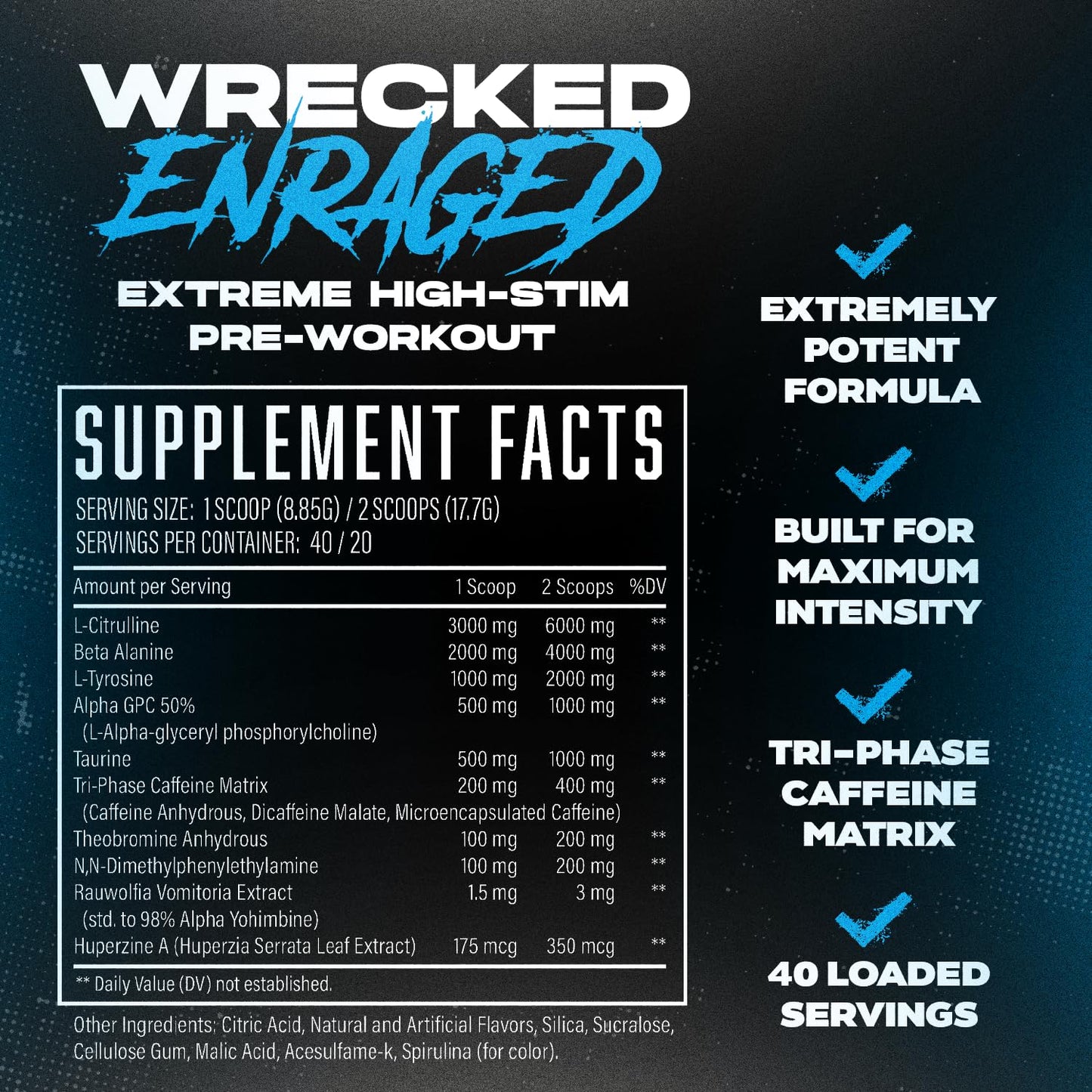 Wrecked Enraged High Stim Pre Workout - Extreme Hardcore Formula for Intense Energy, Laser Focus & Maximum Strength - Potent Stimulant Matrix - for Advanced Lifters, Not for Beginners (40 Servings)