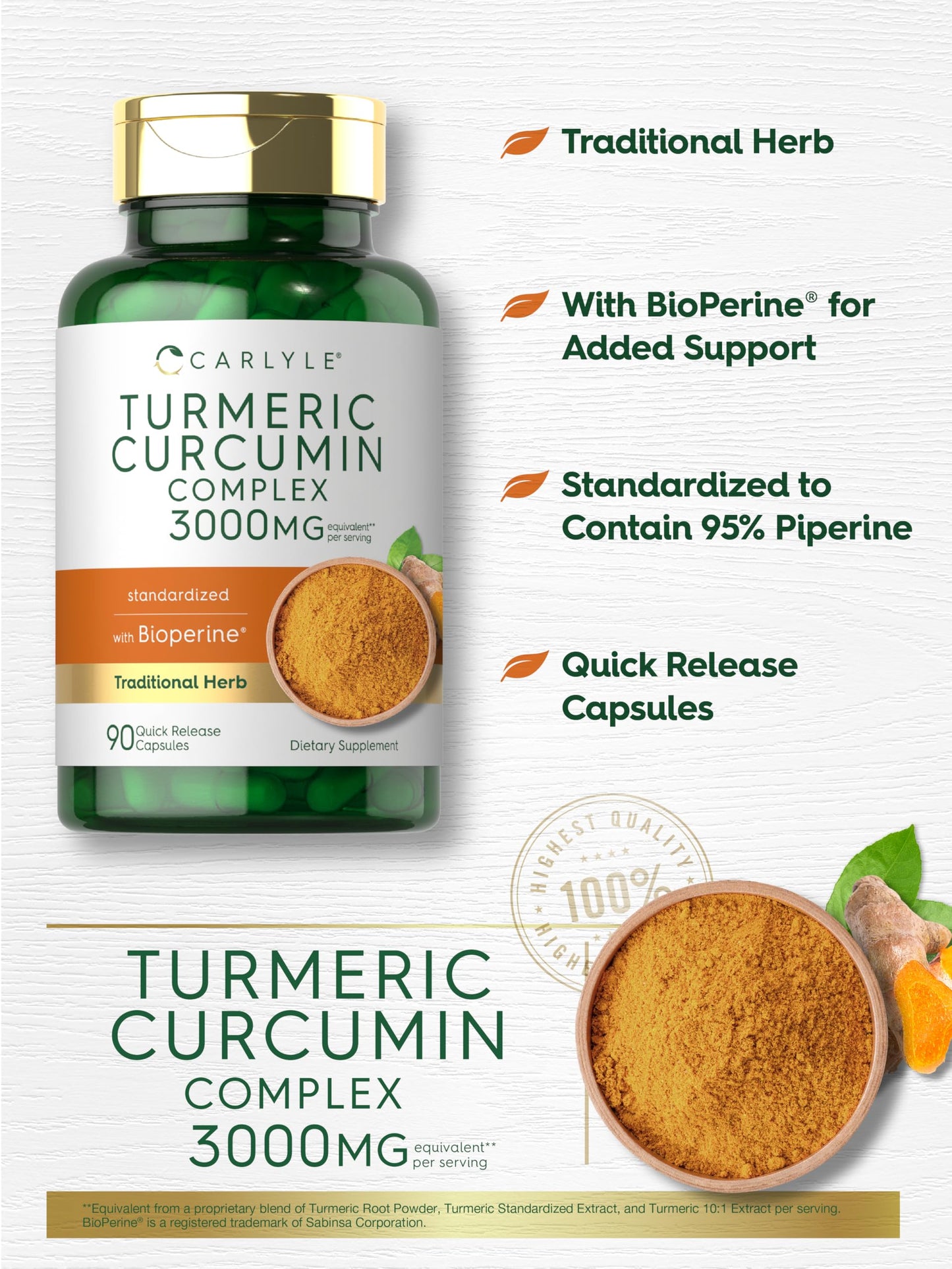 Carlyle Turmeric Curcumin with Black Pepper | 90 Powder Capsules | Complex Supplement with Bioperine | Non-GMO, Gluten Free Carlyle