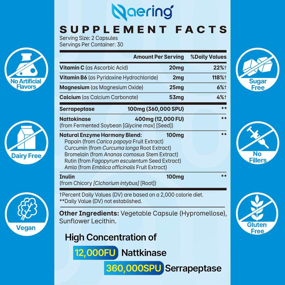 Liposomal Nattokinase 12,000 FU Serrapeptase 360,000 SPU Enzyme Supplement - Enriched with Synergistic Enzymes and Nutrient Blend & Inulin for Circulatory Naering