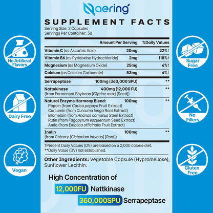 Liposomal Nattokinase 12,000 FU Serrapeptase 360,000 SPU Enzyme Supplement - Enriched with Synergistic Enzymes and Nutrient Blend & Inulin for Circulatory Naering