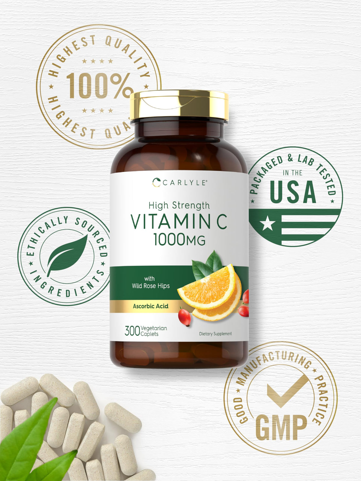 Carlyle Vitamin C 1000mg | 300 Vegetarian Caplets | Ascorbic Acid with Wild Rose Hips | High Strength Formula Carlyle
