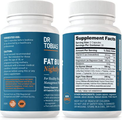 Dr. Tobias Fat Burner Nightly - Night Time Metabolic Support with White Kidney Bean Extract, Ashwagandha Root, Green Coffee Bean Extract & Melatonin | Non-GMO (60 Capsules 30 Day Supply)
