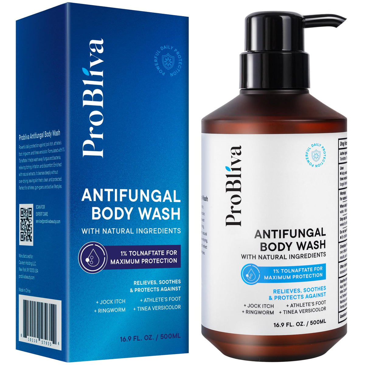 Antifungal Body Wash Treatment Soap – Antibacterial Wash for Jock Itch, Ringworm, Back Acne, Tinea & Foot Odor – Medicated Skin Relief Cleanser Gel with Tea Tree Oil & Tolnaftate for Men and Women ProBliva