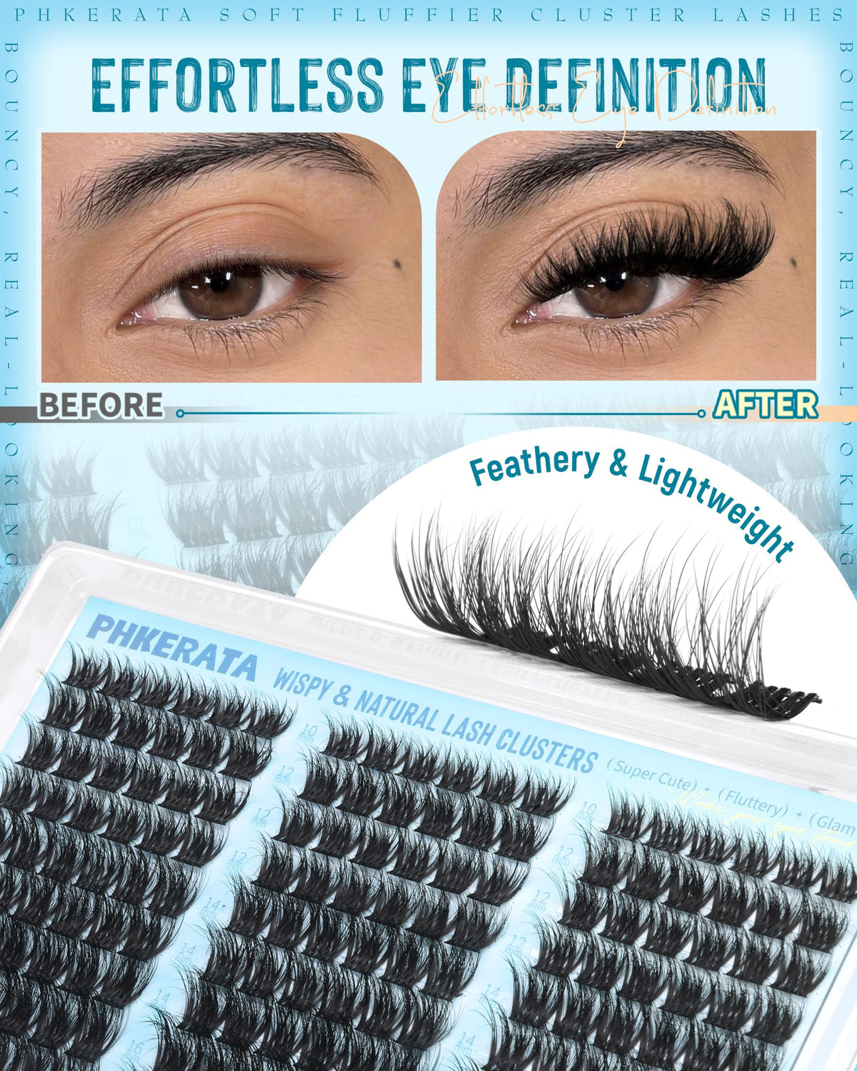 PHKERATA Fluffy Lash Clusters Wispy Eyelash Clusters Natural C Curl PHKERATA