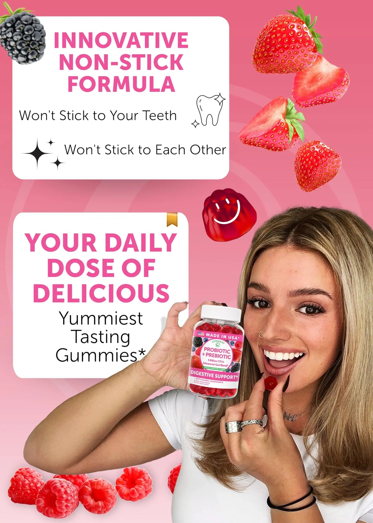 Lunakai USA Made Prebiotic + Probiotic Gummies for Women and Men - High Potency 5 Billion CFUs with Fibers Lunakai