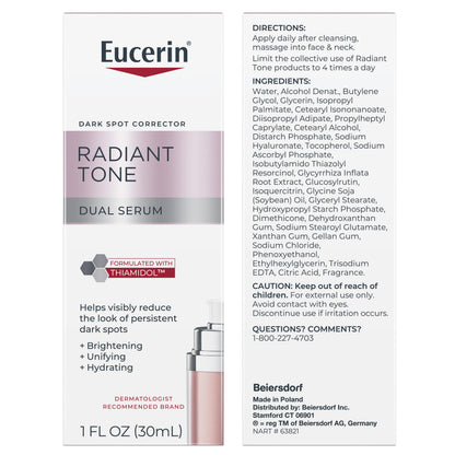 Eucerin Radiant Tone Dual Serum Dark Spot Corrector, Dark Spot Serum with Thiamidol and Hyaluronic Acid, 1 Fl Oz Bottle Eucerin