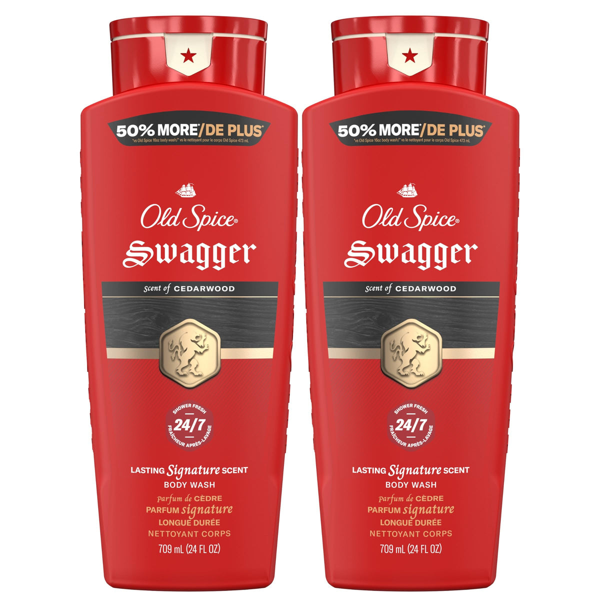 Old Spice Refreshing Body Wash for Men, 3X Defense, 24/7 Shower Fresh with Long Lasting Scent, Red Collection, Swagger with Cedarwood Scent, 24 oz (Pack of 2) Old Spice