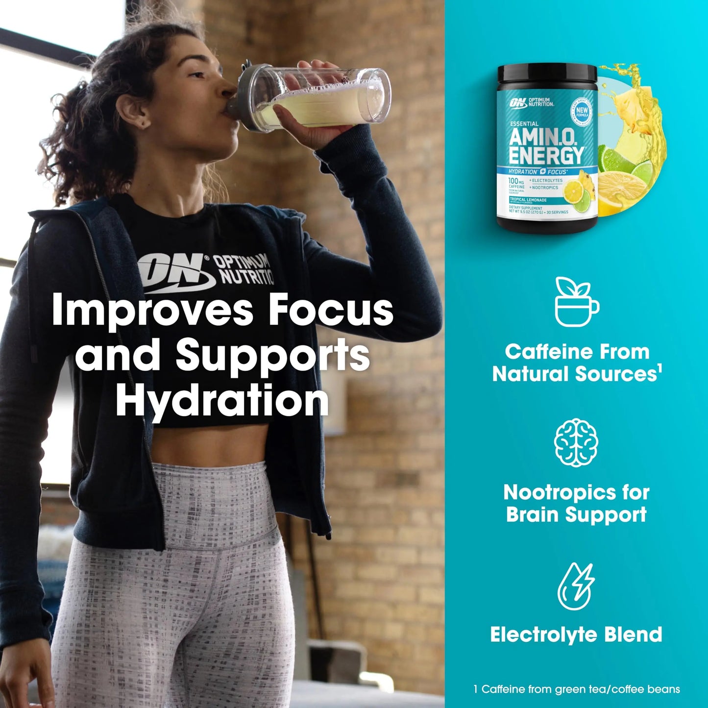 Optimum Nutrition Amino Energy Powder Plus Focus, with BCAA, Electrolytes, and Caffeine, Tropical Lemonade, 30 Servings (Packaging May Vary) Optimum Nutrition