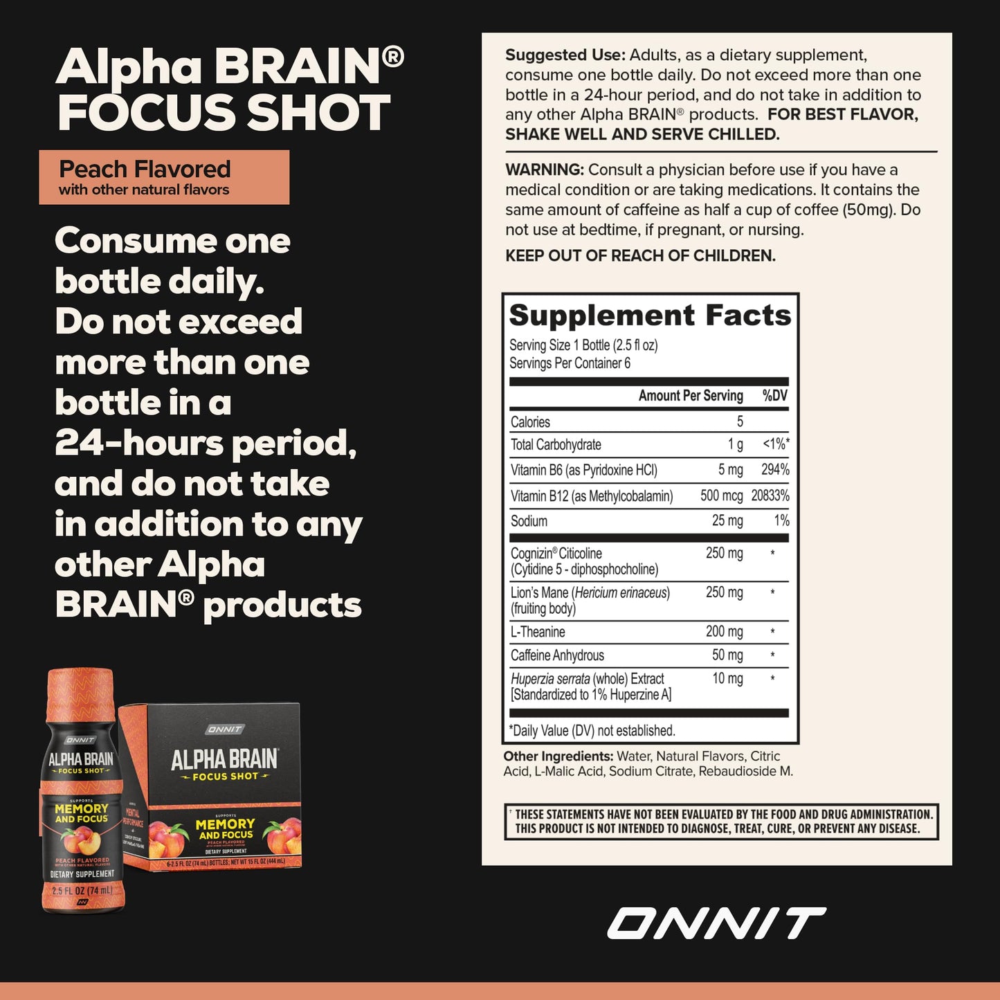 ONNIT Alpha Brain Focus Shot, Tropical Flavor, Nootropic Dietary Supplement Drink that Supports Energy, Focus, and Mood, IGEN™ Non-GMO Tested, 2.5 fl oz, 6 Count
