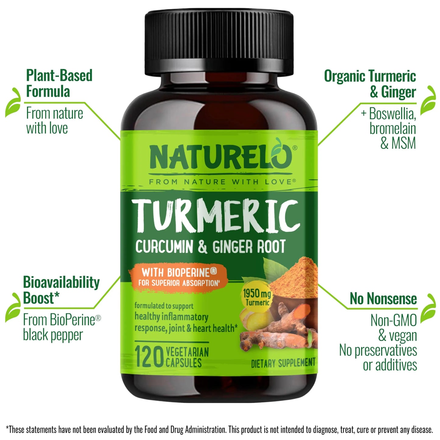 NATURELO Turmeric Curcumin - BioPerine for Better Absorption - Black Pepper, Ginger Root, Curcuminoids - Plant-Based Joint Discomfort Support NATURELO