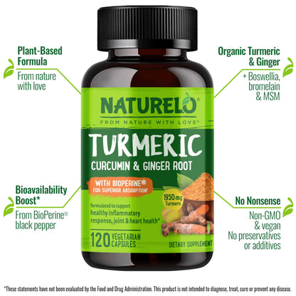NATURELO Turmeric Curcumin - BioPerine for Better Absorption - Black Pepper, Ginger Root, Curcuminoids - Plant-Based Joint Discomfort Support NATURELO