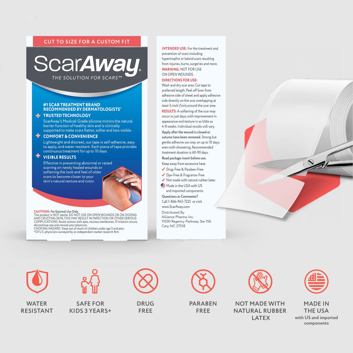 ScarAway Clear Silicone Scar Tape, Medical-Grade Cut-to-Size Silicone Strip for Surgery, Burn, Hypertrophic & Keloid Scars, Self-Adhesive, Water-Resistant, 60” x 1.6” Tape Roll ScarAway