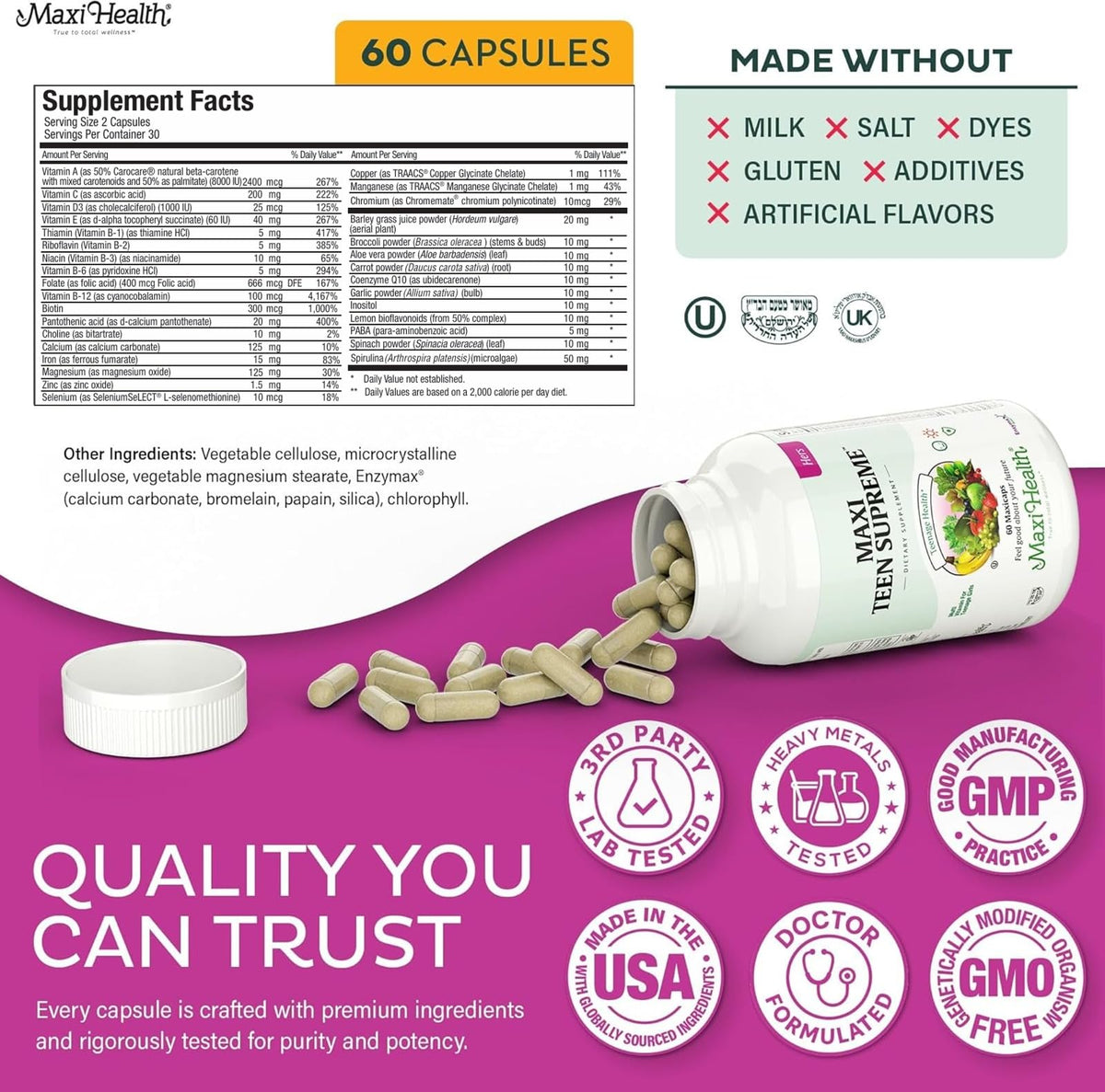 Teen Vitamins for Girls 12-17 - Teen Multivitamin Supreme with D3, Iron, Calcium, Biotin, Digestive Enzymes – Teenager Girl Multi Vitamins for Energy, Maxi Health