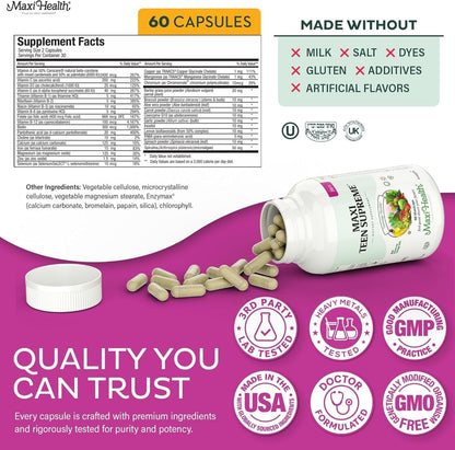 Teen Vitamins for Girls 12-17 - Teen Multivitamin Supreme with D3, Iron, Calcium, Biotin, Digestive Enzymes – Teenager Girl Multi Vitamins for Energy, Maxi Health
