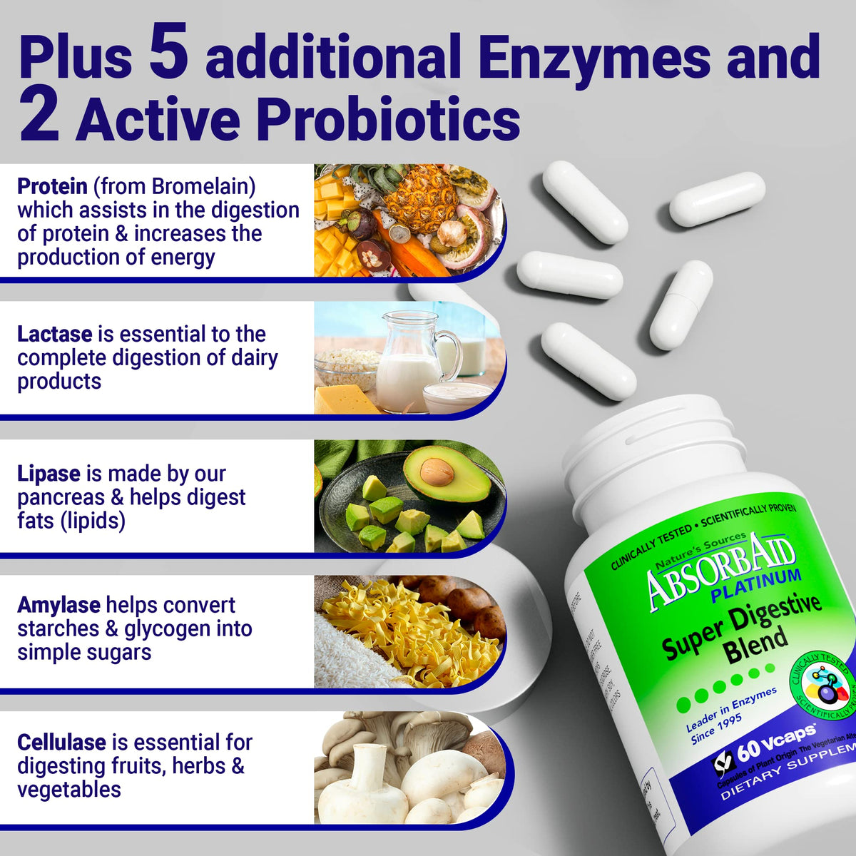 AbsorbAid Platinum Digestive Enzyme Support 60 vCaps, 12 Digestive Enzymes Plus 2 Probiotics for Maximum Relief AbsorbAid