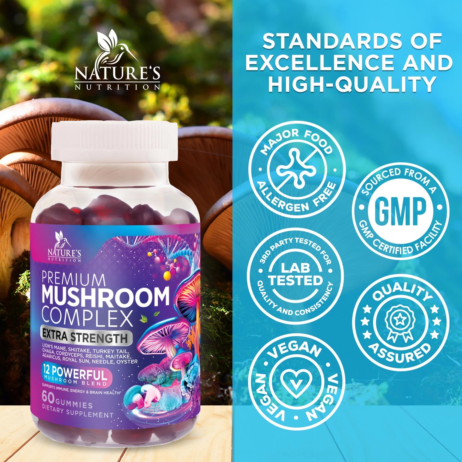 Mushroom Gummies Supplement 12 in 1 - High Grade Blend for Adults with Lions Mane, Reishi, Cordyceps, & Chaga Mushroom Complex Gummy, Memory & Immune Support & Nootropic Brain Supplements - 60 Gummies Nature's Nutrition buy australia supplements