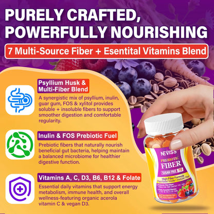 Fiber Gummies for Adults with Psyllium Husk, 7G(Soluble + Insoluble) Daily Prebiotic Fiber with Inulin, FOS, Guar Gum, Multivitamins for Daily Digestive Health, NEVISS