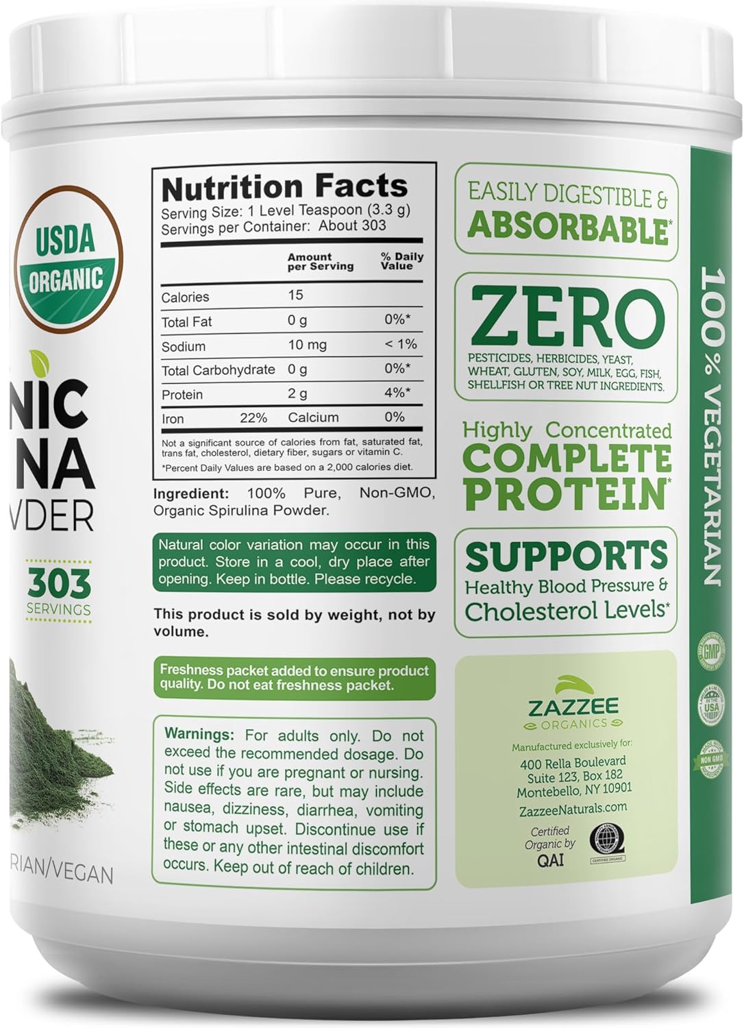 Zazzee USDA Organic Spirulina Powder, 2.2 Pounds (1 KG), 303 Servings | Certified Kosher, 100% Pure, Non-Irradiated, Mess-Free Wide Mouth Container, Fresh Smell, Neutral Taste, Non-GMO, Made in USA Gsupps Australia