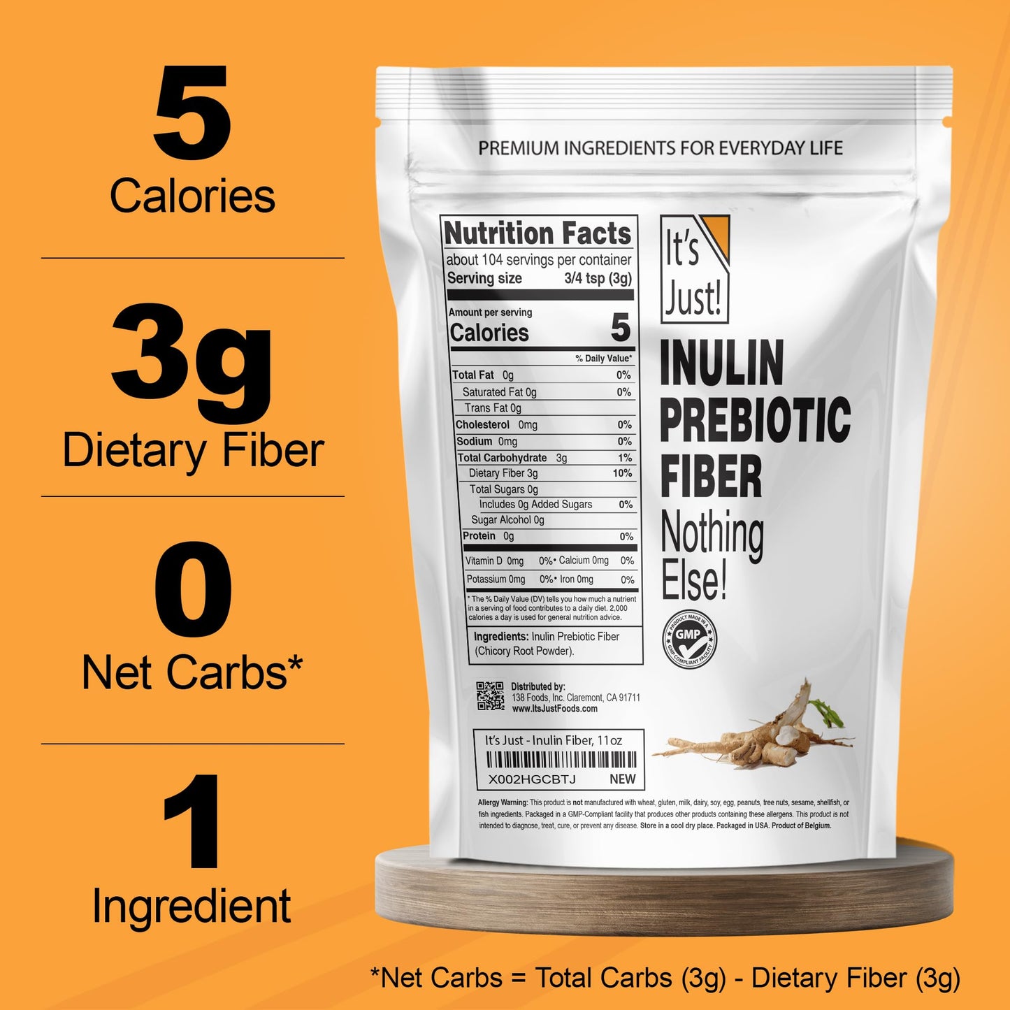 It's Just! - Inulin Prebiotic Fiber, Water Soluble, Chicory Root Powder, Promotes Gut Health, Made in USA, Product of Belgium, Vegan/Keto Friendly It's Just!