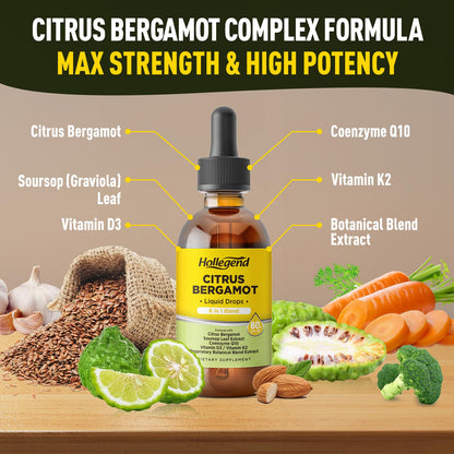 HOLLEGEND Citrus Bergamot Liquid Drops, Organic Citrus Bergamot 1000mg Supplement, Plus Soursop, CoQ10, Vitamin D3, K2, HOLLEGEND