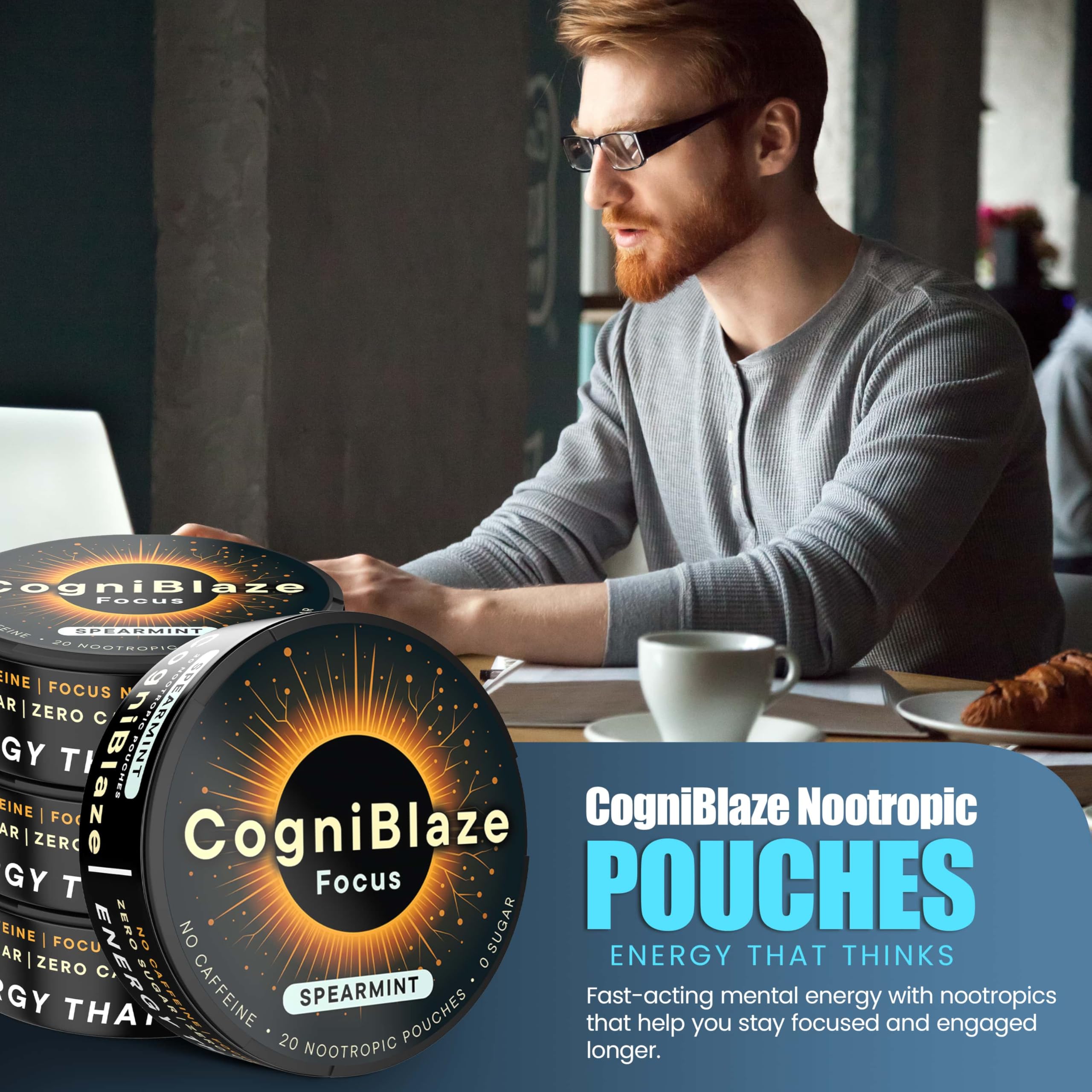 CogniBlaze Nootropic Pouches Caffeine Free (Spearmint) | 80 Focus Pouches for Clarity | 4 Pack (20 Per Can) | Mental Energy Pouches | 25mcg Huperzine A per Nootropic Pouch | Zero Calories CogniBlaze buy australia supplements