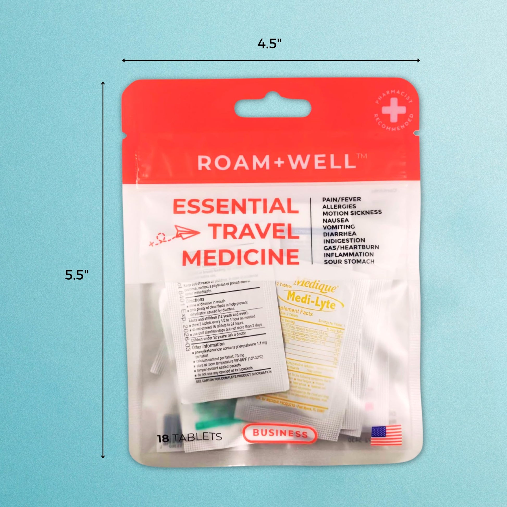 Roamwell Essential Travel Medicine Kit, OTC Travel Medication, TSA Approved (Business | 18 Tablets) Roamwell buy australia supplements
