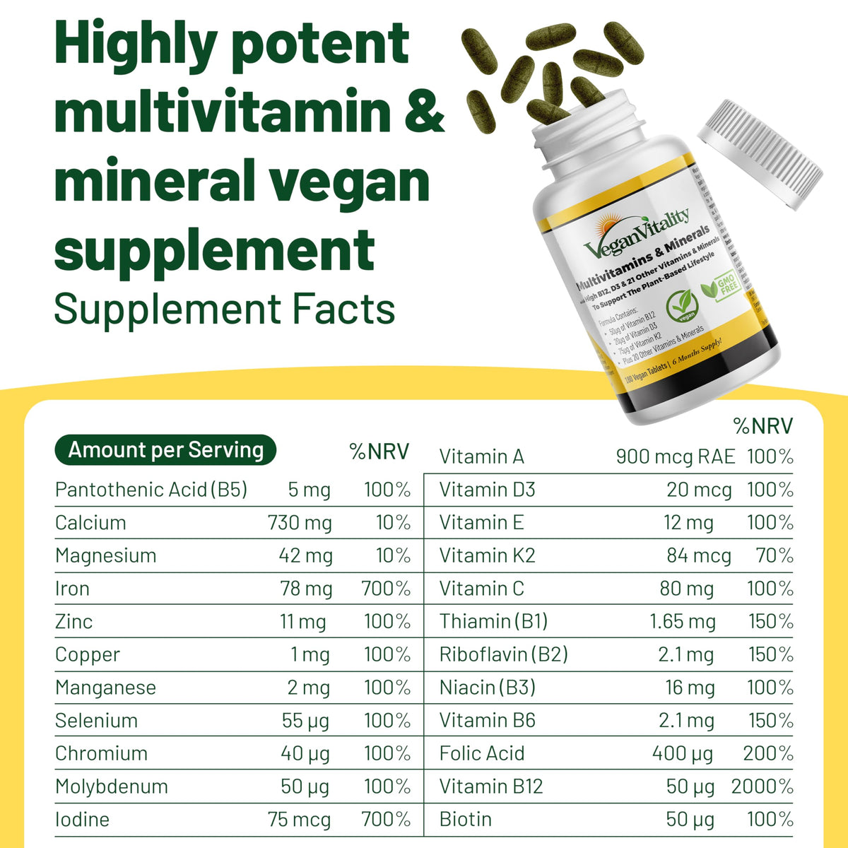 Vegan Vitality Multivitamins & Minerals for Women and Men with High Strength Vitamin B12, D3 & K2. 180 Vegan Multivitamin Tablets - 6 Months Supply Vegan Vitality