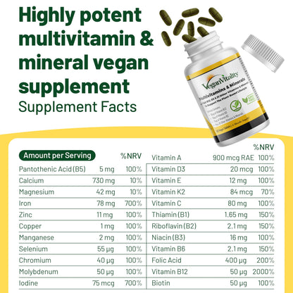 Vegan Vitality Multivitamins & Minerals for Women and Men with High Strength Vitamin B12, D3 & K2. 180 Vegan Multivitamin Tablets - 6 Months Supply Vegan Vitality