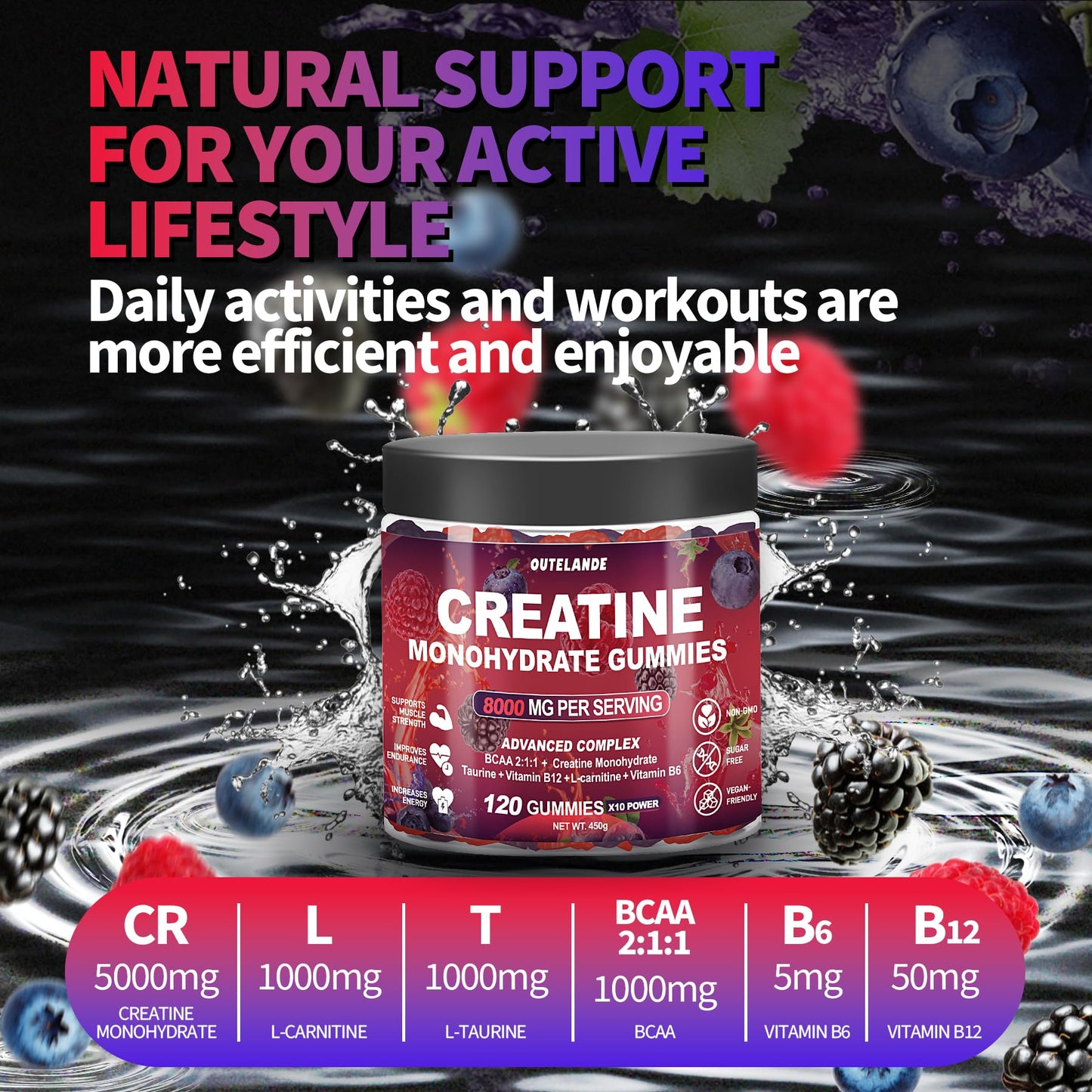 Creatine Monohydrate Gummies 8000 mg for Men & Women, Creatine Supplement for Enhanced Muscle Growth, Energy Boost - with L-Taurine, Sugar Free, Vegan OUTELANDE