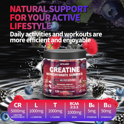 Creatine Monohydrate Gummies 8000 mg for Men & Women, Creatine Supplement for Enhanced Muscle Growth, Energy Boost - with L-Taurine, Sugar Free, Vegan OUTELANDE