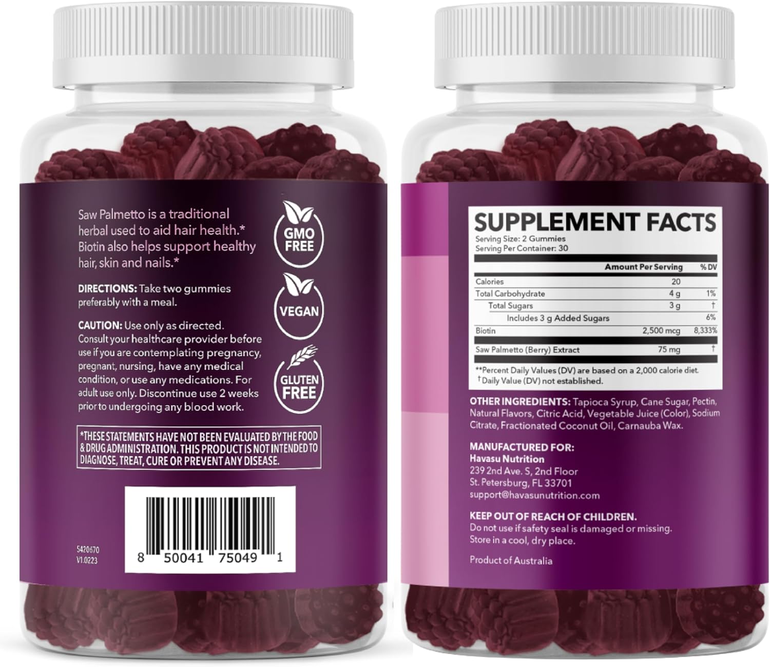 Saw Palmetto Gummies for Women, Raspberry, 60ct, 2500mcg Biotin | DHT Blocker & Hair, Skin, Nail Health Gummies, Supports Stronger-Looking Hair, Raspberry Flavor, 1 Month Supply Gsupps Australia