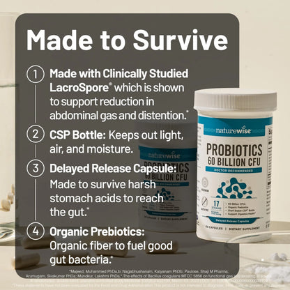 NatureWise Probiotics 60 Billion CFU - 17 Strains + Organic Prebiotics - Immune, Digestive & Gut Health Support for Women & Men - Vegetarian, Gluten-Free, NatureWise
