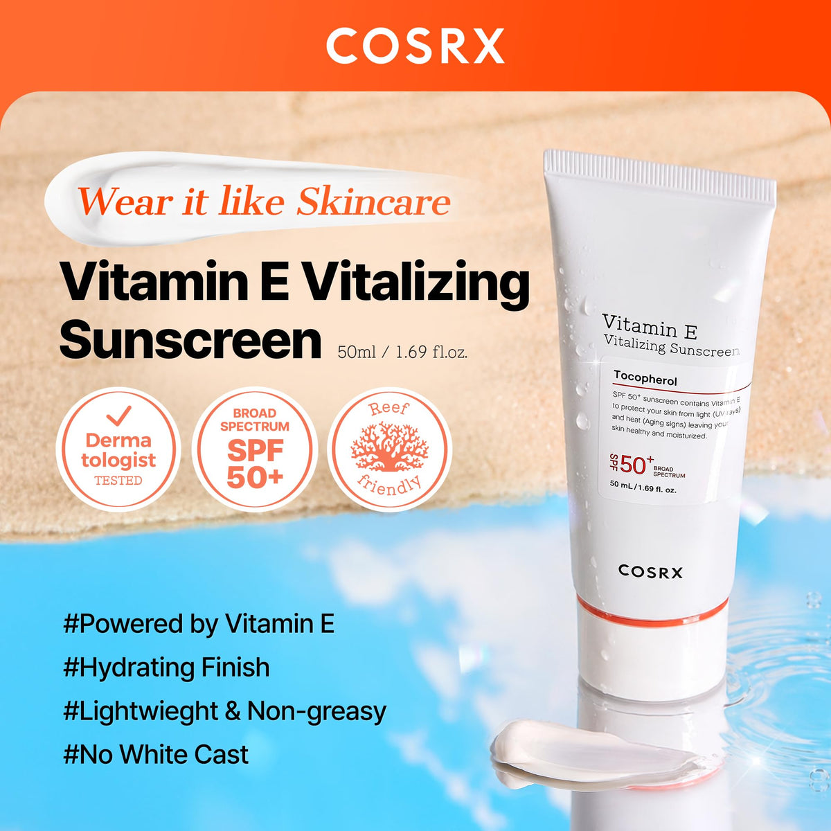COSRX Vitamin E Sunscreen SPF 50, Natural Glow, for Oily Skin, 1.69 fl oz COSRX