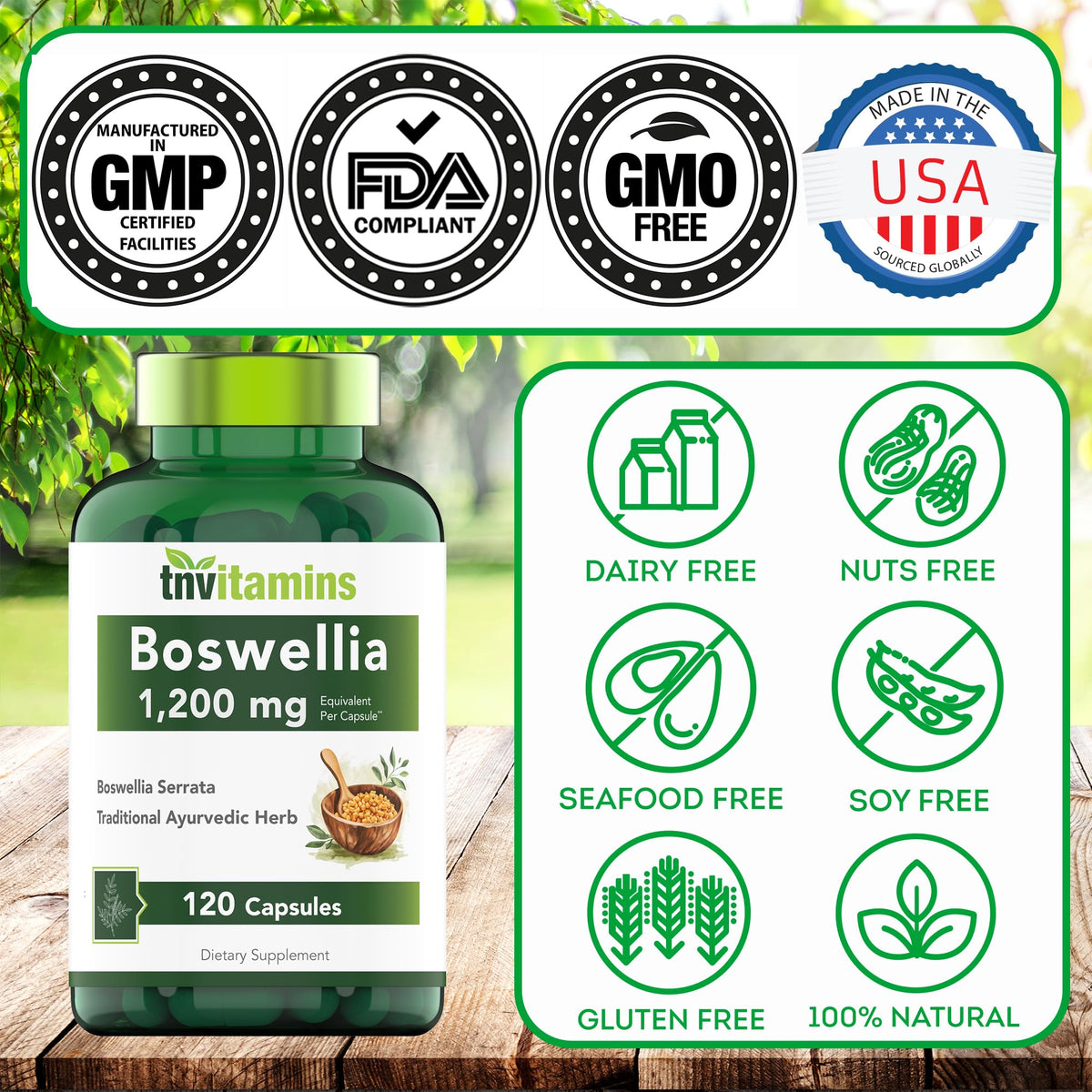 tnvitamins Boswellia Extract Capsules, 120 Count | 1,200 mg Per Capsule | 65% Boswellic Acids + 10:1 Concentrated Extract | Boswellia Serrata tnvitamins