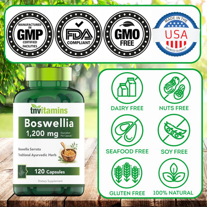 tnvitamins Boswellia Extract Capsules, 120 Count | 1,200 mg Per Capsule | 65% Boswellic Acids + 10:1 Concentrated Extract | Boswellia Serrata tnvitamins