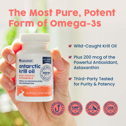 NativePath Antarctic Krill Oil - Wild-Caught Omega 3 Krill Oil 500mg Softgels with EPA, DHA and Astaxanthin - Supplement for Joint, Hear NativePath