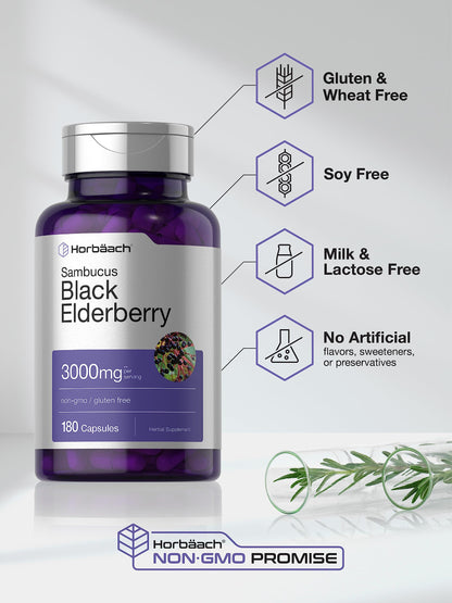 Horbäach Black Elderberry | 180 Count | Non-GMO, Gluten Free | Sambucus Extract Supplement Horbäach