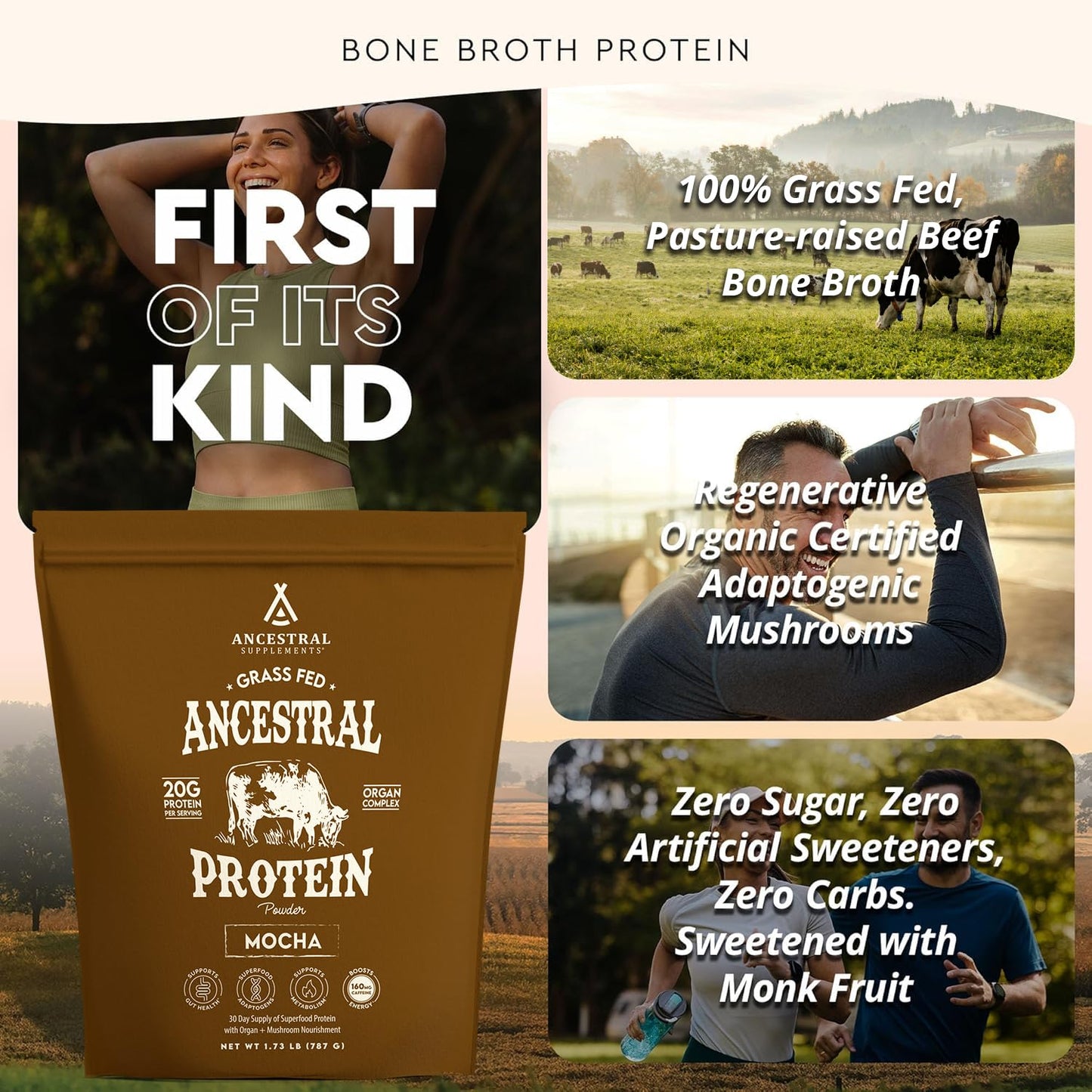 Ancestral Supplements Grass Fed Protein Powder, Chocolate, Beef Bone Broth Based w/Beef Organs & Organic Mushrooms, Gut Health Support, High Protein Supplement, 20g Protein Per Serving, 30 Day Supply