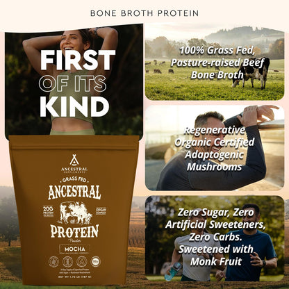 Ancestral Supplements Grass Fed Protein Powder, Chocolate, Beef Bone Broth Based w/Beef Organs & Organic Mushrooms, Gut Health Support, High Protein Supplement, 20g Protein Per Serving, 30 Day Supply