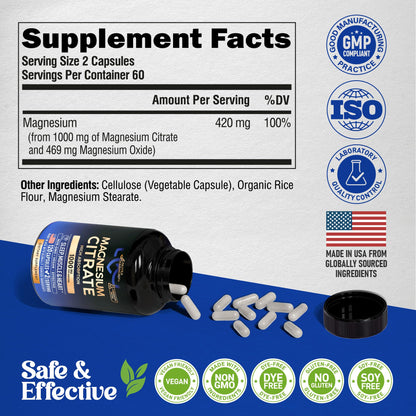 Magnesium Citrate Capsules 1000mg | High Absorption Supplement - Sleep, Muscle & Heart Support - Vegan | Non-GMO - Made in USA - As Powder NUTRAHARMONY
