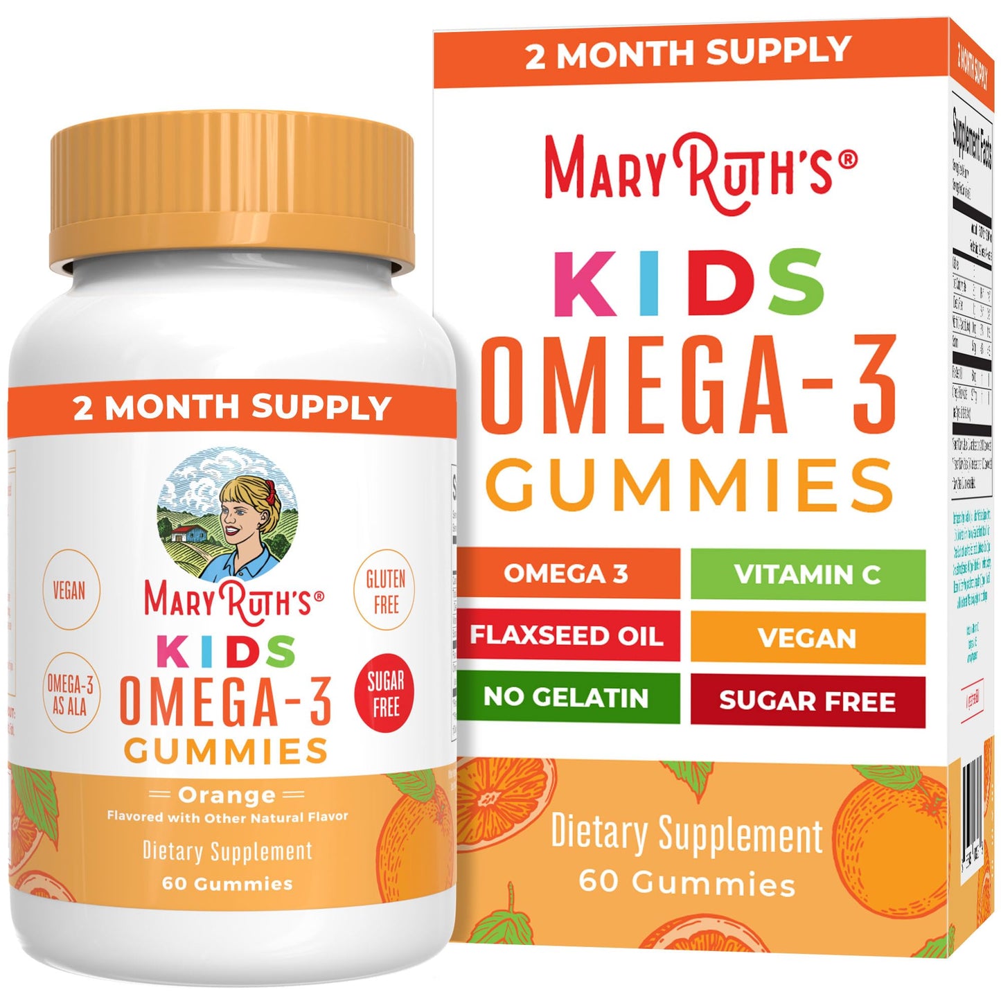 MARYRUTH'S Vegan Omega 3 Gummies for Kids 2+, 2 Month Supply, Sugar Free, Omega 3 Supplement with Vitamin C, Flaxseed Oil, Immune Support MARYRUTH'S