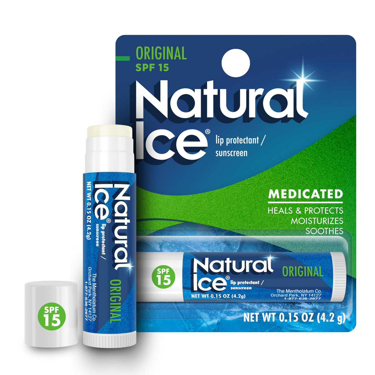 Mentholatum Natural Ice Original Medicated Lip Balm, Hydrating Lip Care for Dry, Chapped Lips, Moisturizing Formula with SPF 15 Helps Prevent Sunburn, Protection for Smooth, Soft Lips (Pack of 12) Natural Ice