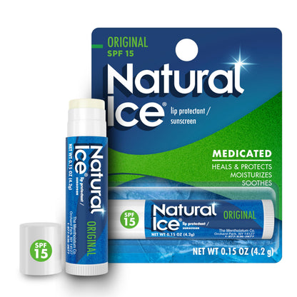 Mentholatum Natural Ice Original Medicated Lip Balm, Hydrating Lip Care for Dry, Chapped Lips, Moisturizing Formula with SPF 15 Helps Prevent Sunburn, Protection for Smooth, Soft Lips (Pack of 12) Natural Ice