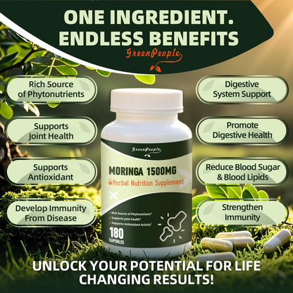 GREENPEOPLE Whole-Leaf Moringa Capsules 1500mg - High Potency 10:1 Moringa Oleifera Leaf Extract - Natural Green Superfood for Energy & Immune Support GREENPEOPLE