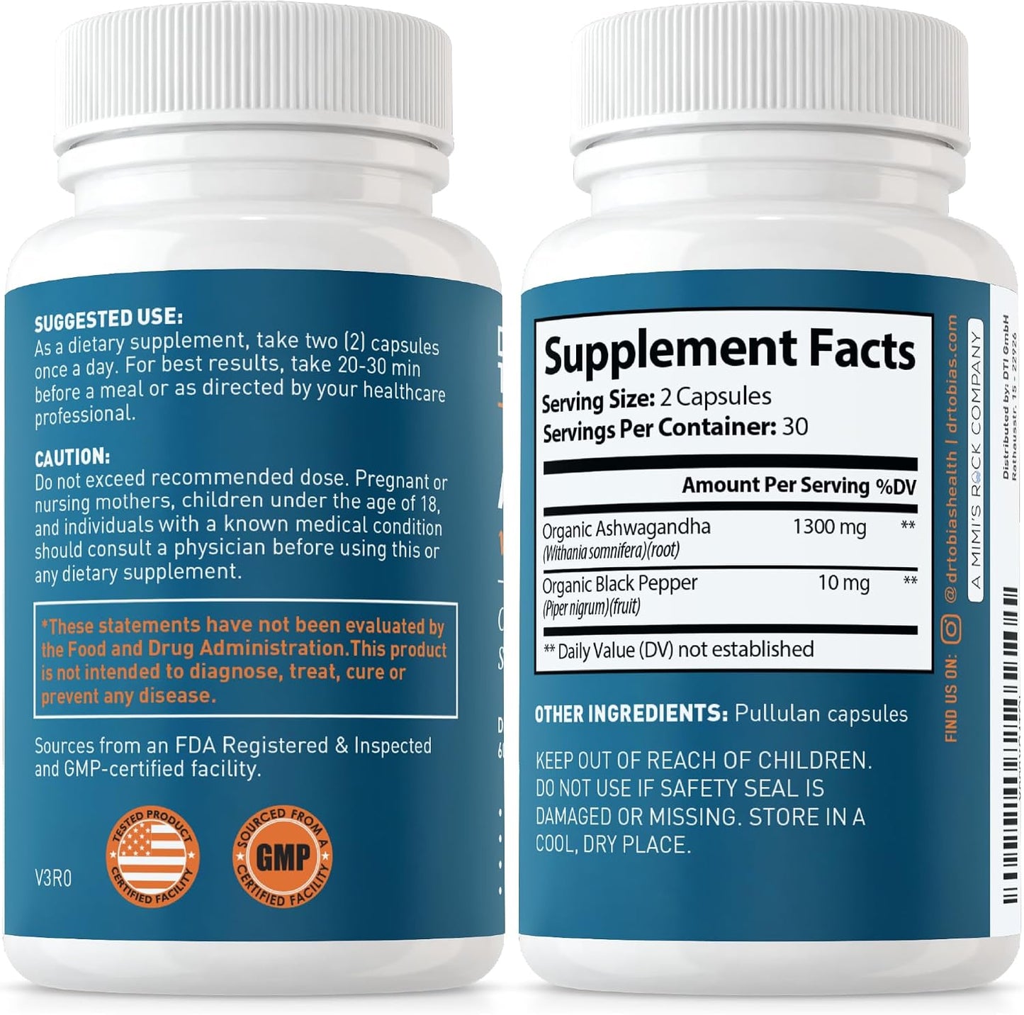 Dr. Tobias Ashwagandha Capsules - 1300mg Organic Ashwagandha Root Extract Per Serving with Black Pepper | Calming Adaptogen Energy & Focus Supplement (60 Vegetarian Capsules)