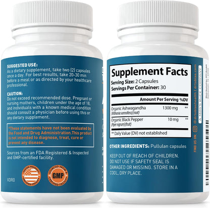 Dr. Tobias Ashwagandha Capsules - 1300mg Organic Ashwagandha Root Extract Per Serving with Black Pepper | Calming Adaptogen Energy & Focus Supplement (60 Vegetarian Capsules)