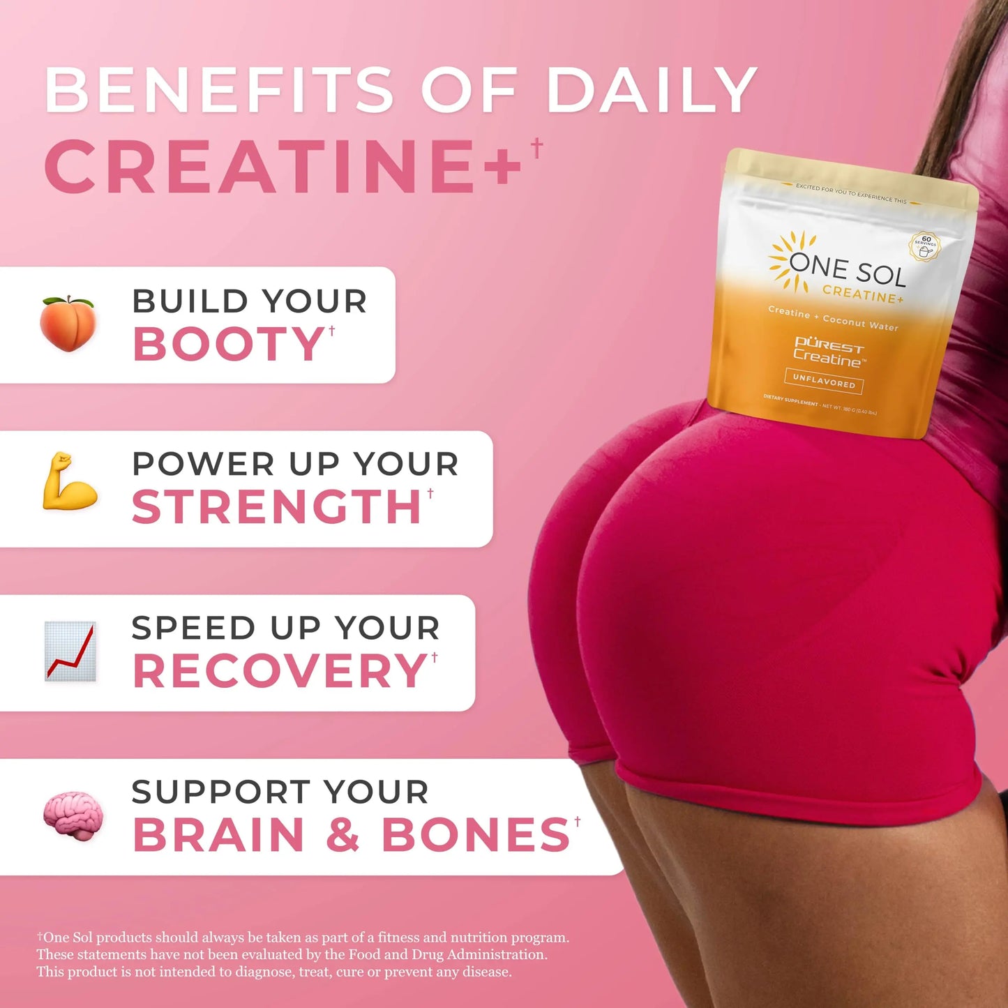 One Sol Creatine for Women, All Natural Women's Creatine Powder w Pure Creatine & Coconut Water, Increase Lean Muscle Mass, Reduce Recovery Time, Promotes Brain & Bone Health (Unflavored, 60 Servings) One Sol