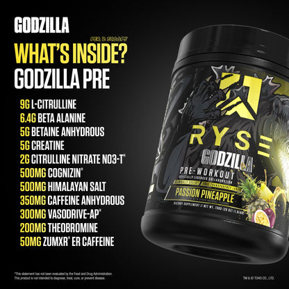 RYSE Godzilla X Noel Deyzel Pre Workout Powder - Monsterberry Lime - 400mg Caffeine, High Stim Pre-Workout for Men & Women with Citrulline & Beta Alanine - Energy, Pump & Focus - 20/40 Servings